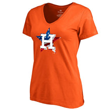 Load image into Gallery viewer, Houston Astros Women&#39;s 2019 Stars &amp; Stripes Banner Wave V-Neck T-Shirt - Orange MLB Ladies V-Neck
