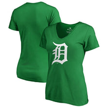 Load image into Gallery viewer, Detroit Tigers Women&#39;s St. Patrick&#39;s Day White Logo Plus Size V-Neck T-Shirt - Kelly Green MLB Ladies V-Neck
