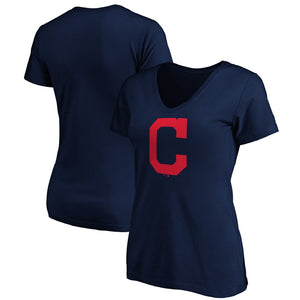 Cleveland Indians Women's Core Official Logo V-Neck T-Shirt - Navy MLB Ladies V-Neck