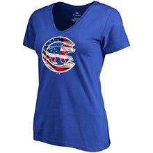 Load image into Gallery viewer, Chicago Cubs Women&#39;s 2019 Stars &amp; Stripes Banner Wave V-Neck T-Shirt - Royal MLB Ladies V-Neck
