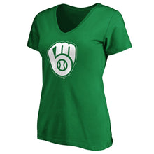 Load image into Gallery viewer, Milwaukee Brewers Women&#39;s St. Patrick&#39;s Day White Team Logo V-Neck T-Shirt - Green MLB Ladies V-Neck
