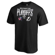 Load image into Gallery viewer, Columbus Blue Jackets Vs. Tampa Bay Lightning 2019 Stanley Cup Playoffs Matchup Checking The Boards T-Shirt - Black NHL Guys Tee
