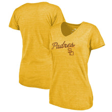 Load image into Gallery viewer, San Diego Padres Women&#39;s Rising Script Tri-Blend V-Neck T-Shirt - Gold MLB Ladies V-Neck
