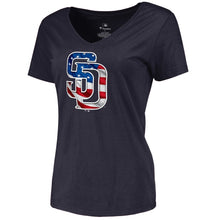 Load image into Gallery viewer, San Diego Padres Women&#39;s 2019 Stars &amp; Stripes Banner Wave V-Neck T-Shirt - Navy MLB Ladies V-Neck
