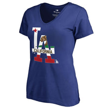 Load image into Gallery viewer, Los Angeles Dodgers Women&#39;s Hometown Collection Cali Flag T-Shirt - Royal MLB Ladies V-Neck
