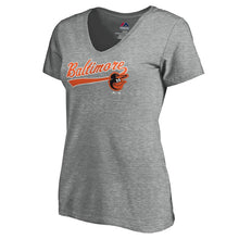 Load image into Gallery viewer, Baltimore Orioles Women&#39;s Showtime V-Neck T-Shirt - Heathered Gray MLB Ladies V-Neck
