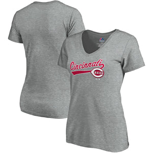 Cincinnati Reds Women's Showtime V-Neck T-Shirt - Heathered Gray MLB Ladies V-Neck