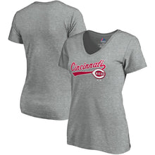 Load image into Gallery viewer, Cincinnati Reds Women&#39;s Showtime V-Neck T-Shirt - Heathered Gray MLB Ladies V-Neck
