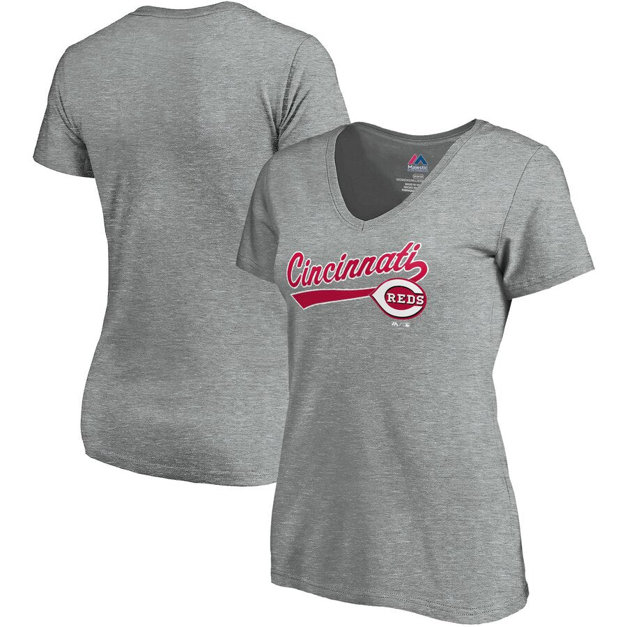 Cincinnati Reds Women's Showtime V-Neck T-Shirt - Heathered Gray MLB Ladies V-Neck