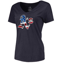 Load image into Gallery viewer, Oakland Athletics Women&#39;s 2019 Stars &amp; Stripes Banner Wave V-Neck T-Shirt - Navy MLB Ladies V-Neck
