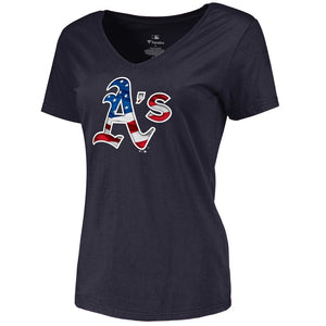 Oakland Athletics Women's 2019 Stars & Stripes Banner Wave V-Neck T-Shirt - Navy MLB Ladies V-Neck