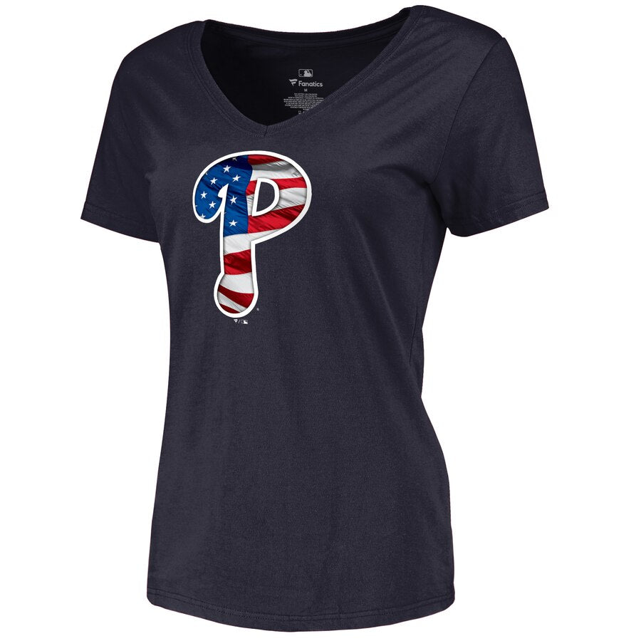 Philadelphia Phillies Women's 2019 Stars & Stripes Banner Wave V-Neck T-Shirt - Navy MLB Ladies V-Neck