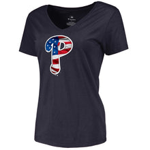 Load image into Gallery viewer, Philadelphia Phillies Women&#39;s 2019 Stars &amp; Stripes Banner Wave V-Neck T-Shirt - Navy MLB Ladies V-Neck
