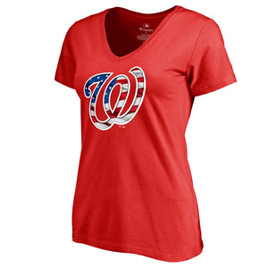 Washington Nationals Women's 2019 Stars & Stripes Banner Wave Plus Size V-Neck T-Shirt - Red MLB Ladies V-Neck