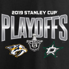 Load image into Gallery viewer, Nashville Predators Vs. Dallas Stars 2019 Stanley Cup Playoffs Matchup Checking The Boards T-Shirt - Black NHL Guys Tee
