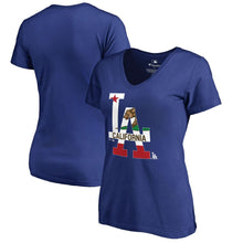 Load image into Gallery viewer, Los Angeles Dodgers Women&#39;s Hometown Collection Cali Flag T-Shirt - Royal MLB Ladies V-Neck
