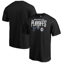 Load image into Gallery viewer, St. Louis Blues Vs. Winnipeg Jets 2019 Stanley Cup Playoffs Matchup Checking The Boards T-Shirt - Black NHL Guys Tee
