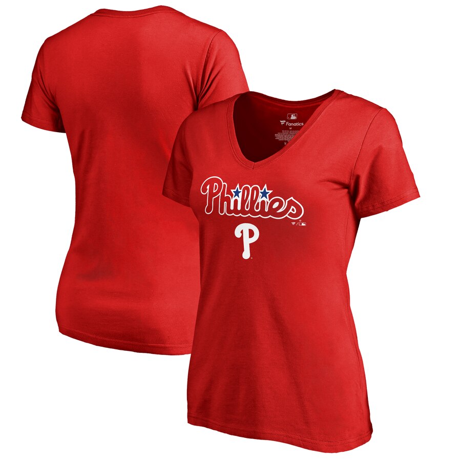 Philadelphia Phillies Women's Team Lockup T-Shirt - Red MLB Ladies V-Neck