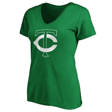 Load image into Gallery viewer, Minnesota Twins Women&#39;s St. Patrick&#39;s Day White Team Logo V-Neck T-Shirt - Green MLB Ladies V-Neck
