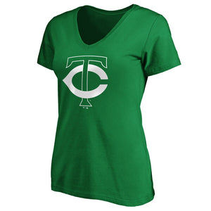 Minnesota Twins Women's St. Patrick's Day White Team Logo V-Neck T-Shirt - Green MLB Ladies V-Neck