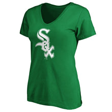 Load image into Gallery viewer, Chicago White Sox Women&#39;s St. Patrick&#39;s Day White Team Logo V-Neck T-Shirt - Green MLB Ladies V-Neck
