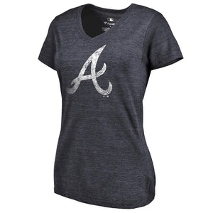 Atlanta Braves Women's Primary Distressed Team Tri-Blend V-Neck T-Shirt - Heathered Navy MLB Ladies V-Neck