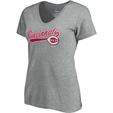 Load image into Gallery viewer, Cincinnati Reds Women&#39;s Showtime V-Neck T-Shirt - Heathered Gray MLB Ladies V-Neck
