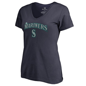 Seattle Mariners Women's Team Lockup T-Shirt - Navy MLB Ladies V-Neck