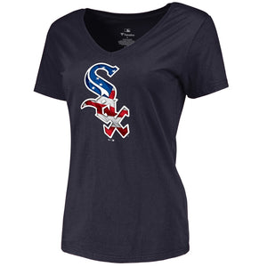 Chicago White Sox Women's 2019 Stars & Stripes Banner Wave V-Neck T-Shirt - Navy MLB Ladies V-Neck