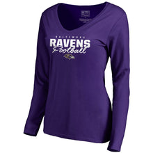 Load image into Gallery viewer, Baltimore Ravens Nfl Pro Line Women&#39;s Iconic Collection Script Assist Long Sleeve V-Neck T-Shirt - Purple NFL Ladies V-Neck Long Sleeve
