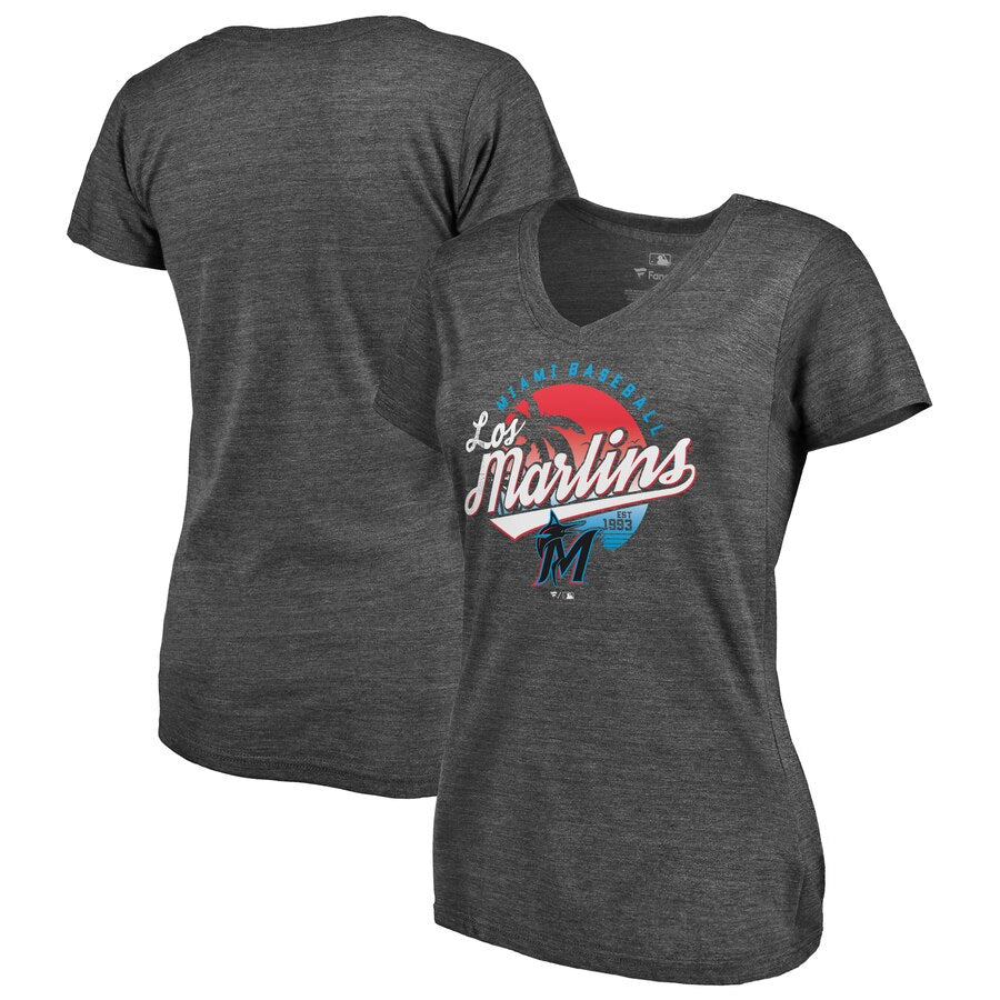 Miami Marlins Women's We're On Top Tri-Blend V-Neck T-Shirt - Black MLB Ladies V-Neck