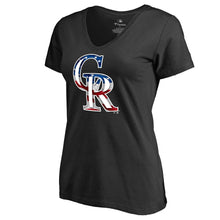 Load image into Gallery viewer, Colorado Rockies Women&#39;s 2019 Stars &amp; Stripes Banner Wave V-Neck T-Shirt - Black MLB Ladies V-Neck
