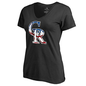 Colorado Rockies Women's 2019 Stars & Stripes Banner Wave V-Neck T-Shirt - Black MLB Ladies V-Neck