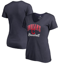 Load image into Gallery viewer, Cleveland Indians Women&#39;s Letter Logo Victory Script V-Neck T-Shirt - Navy MLB Ladies V-Neck
