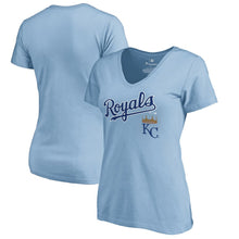 Load image into Gallery viewer, Kansas City Royals Women&#39;s Team Lockup T-Shirt - Light Blue MLB Ladies V-Neck
