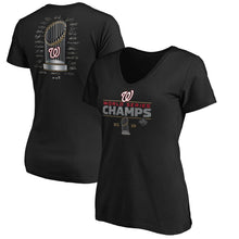 Load image into Gallery viewer, Washington Nationals Women&#39;s 2019 World Series Champions Signature Roster V-Neck T-Shirt - Black MLB Ladies V-Neck
