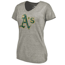 Load image into Gallery viewer, Oakland Athletics Women&#39;s Distressed Team Tri-Blend V-Neck T-Shirt - Heathered Gray MLB Ladies V-Neck
