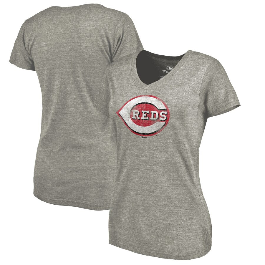 Cincinnati Reds Women's Distressed Team Tri-Blend V-Neck T-Shirt - Heathered Gray MLB Ladies V-Neck