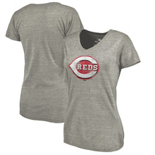 Load image into Gallery viewer, Cincinnati Reds Women&#39;s Distressed Team Tri-Blend V-Neck T-Shirt - Heathered Gray MLB Ladies V-Neck
