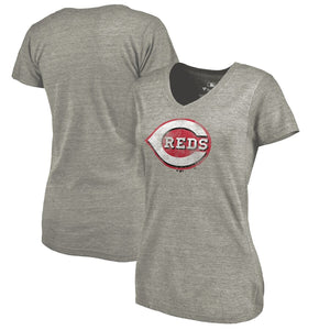Cincinnati Reds Women's Distressed Team Tri-Blend V-Neck T-Shirt - Heathered Gray MLB Ladies V-Neck