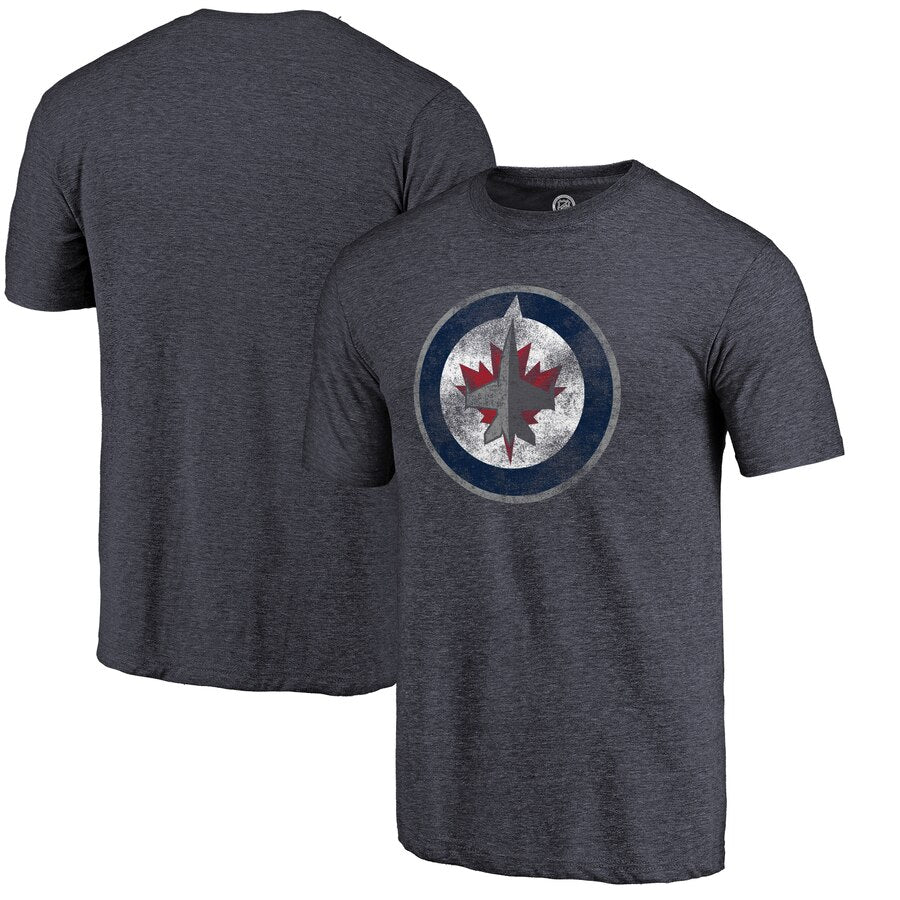 Winnipeg Jets Distressed Team Primary Logo Tri-Blend T-Shirt - Navy NHL Guys Tee