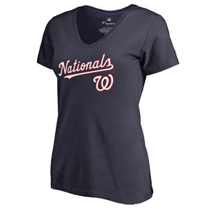 Washington Nationals Women's Team Lockup T-Shirt - Navy MLB Ladies V-Neck