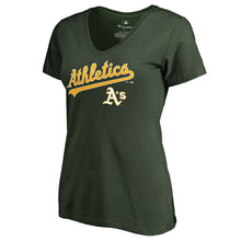 Load image into Gallery viewer, Oakland Athletics Women&#39;s Team Lockup T-Shirt - Green MLB Ladies V-Neck
