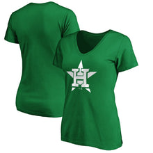 Load image into Gallery viewer, Houston Astros Women&#39;s St. Patrick&#39;s Day White Team Logo V-Neck T-Shirt - Green MLB Ladies V-Neck
