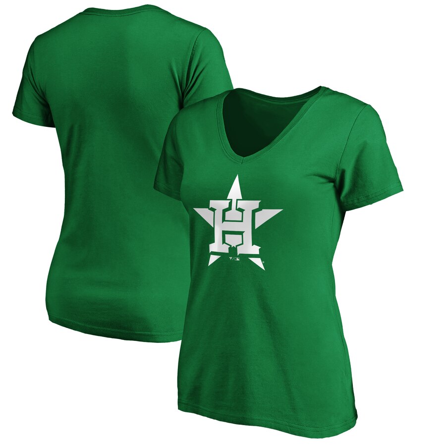 Houston Astros Women's St. Patrick's Day White Team Logo V-Neck T-Shirt - Green MLB Ladies V-Neck