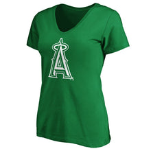 Load image into Gallery viewer, Los Angeles Angels Women&#39;s St. Patrick&#39;s Day White Team Logo V-Neck T-Shirt - Green MLB Ladies V-Neck
