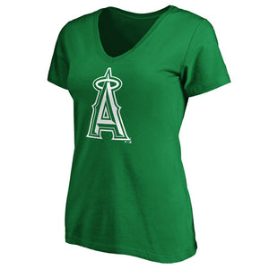 Los Angeles Angels Women's St. Patrick's Day White Team Logo V-Neck T-Shirt - Green MLB Ladies V-Neck