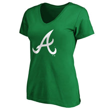 Load image into Gallery viewer, Atlanta Braves Women&#39;s St. Patrick&#39;s Day White Team Logo V-Neck T-Shirt - Green MLB Ladies V-Neck
