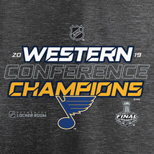 Load image into Gallery viewer, St. Louis Blues 2019 Western Conference Champions Locker Room T-Shirt - Heather Charcoal NHL Guys Tee
