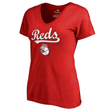 Load image into Gallery viewer, Cincinnati Reds Women&#39;s Team Lockup T-Shirt - Red MLB Ladies V-Neck
